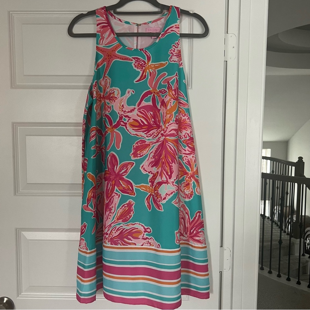 Lilly Pulitzer Wright Sea Blue Via Sunny Engineered Swing Trapeze Dress